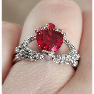 Size 8 gothic claddagh ring, skeleton hands holding red crystal heart